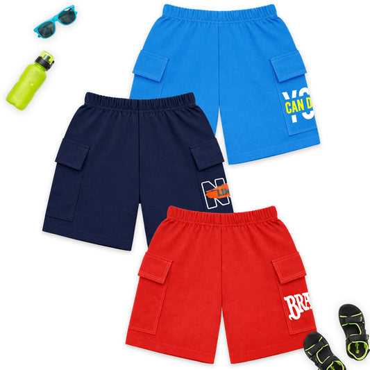 Kuchipoo Boys Cotton Cargo Shorts | Elastic Waistband | Double Pocket Shorts | Summer Casual Wear for Kids | Pack of 3
