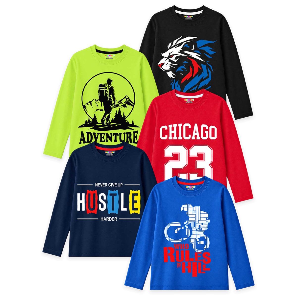 Kuchipoo Boys Cotton Printed T-Shirts | Full Sleeve Round Neck | Soft & Comfortable Casual Wear for Kids | Pack of 5