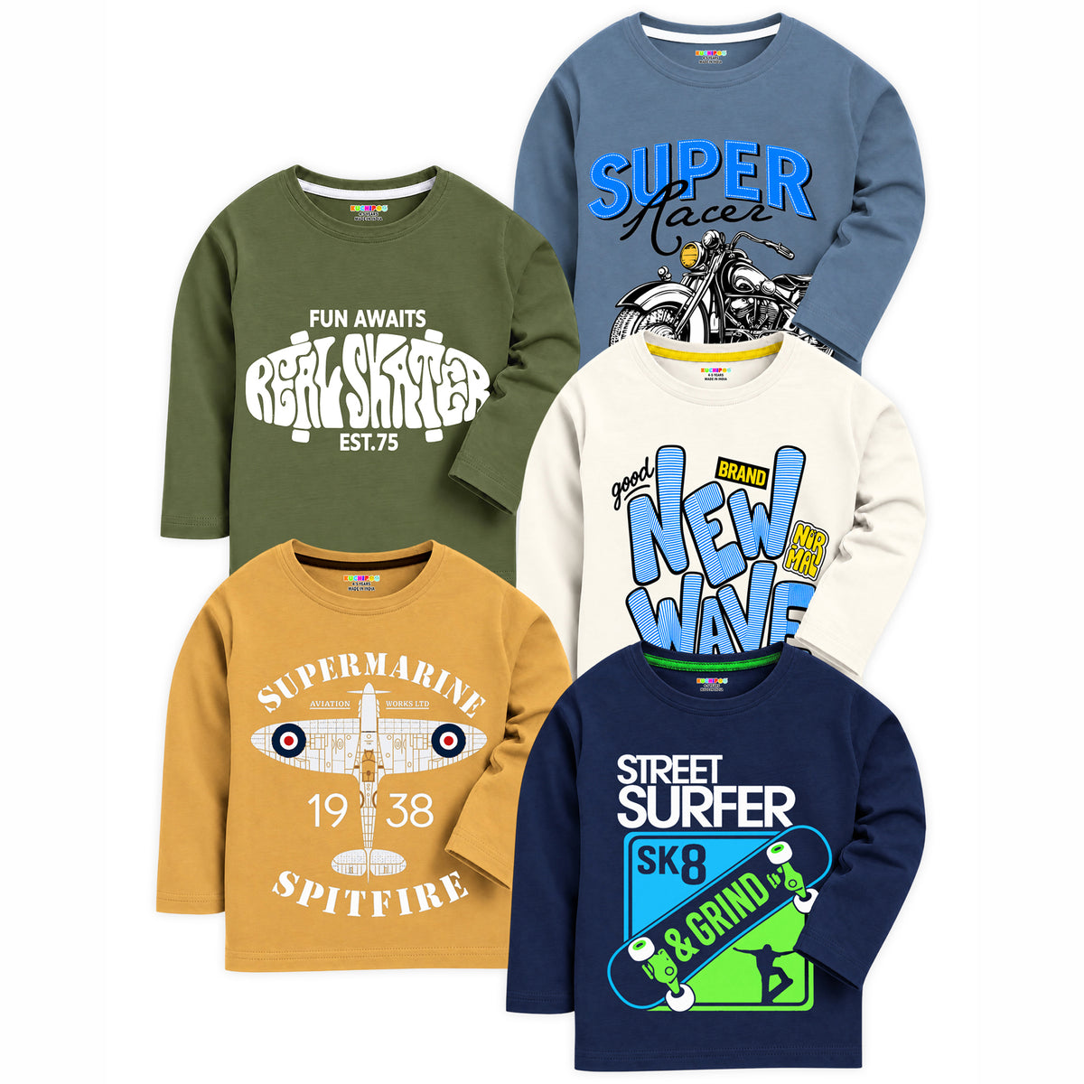 Kuchipoo Boys Cotton Printed T-Shirts | Full Sleeve Round Neck | Soft & Comfortable Casual Wear for Kids | Pack of 5