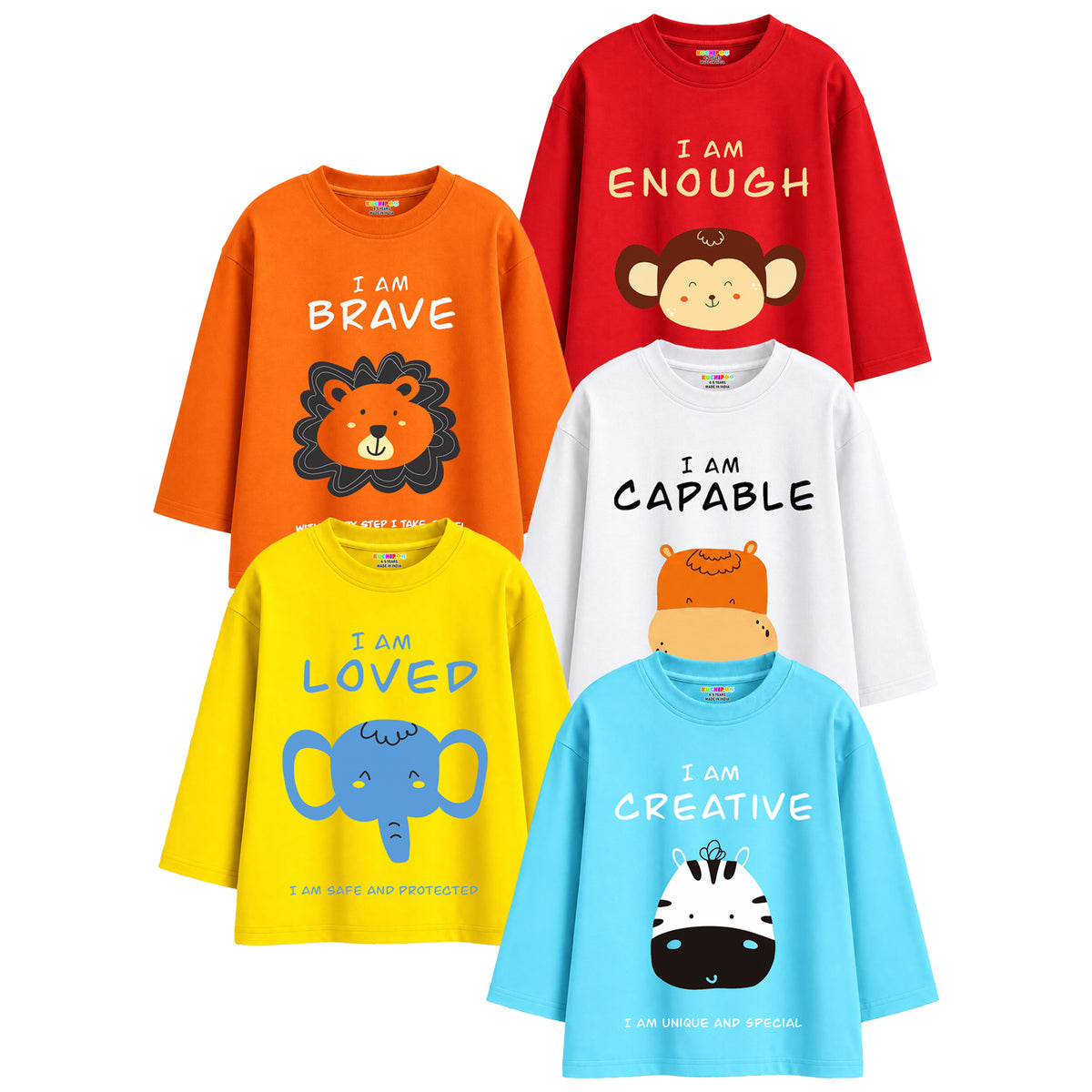 Kuchipoo Boys Full Sleeves Regular Fit Cotton T-Shirt - Pack of 5