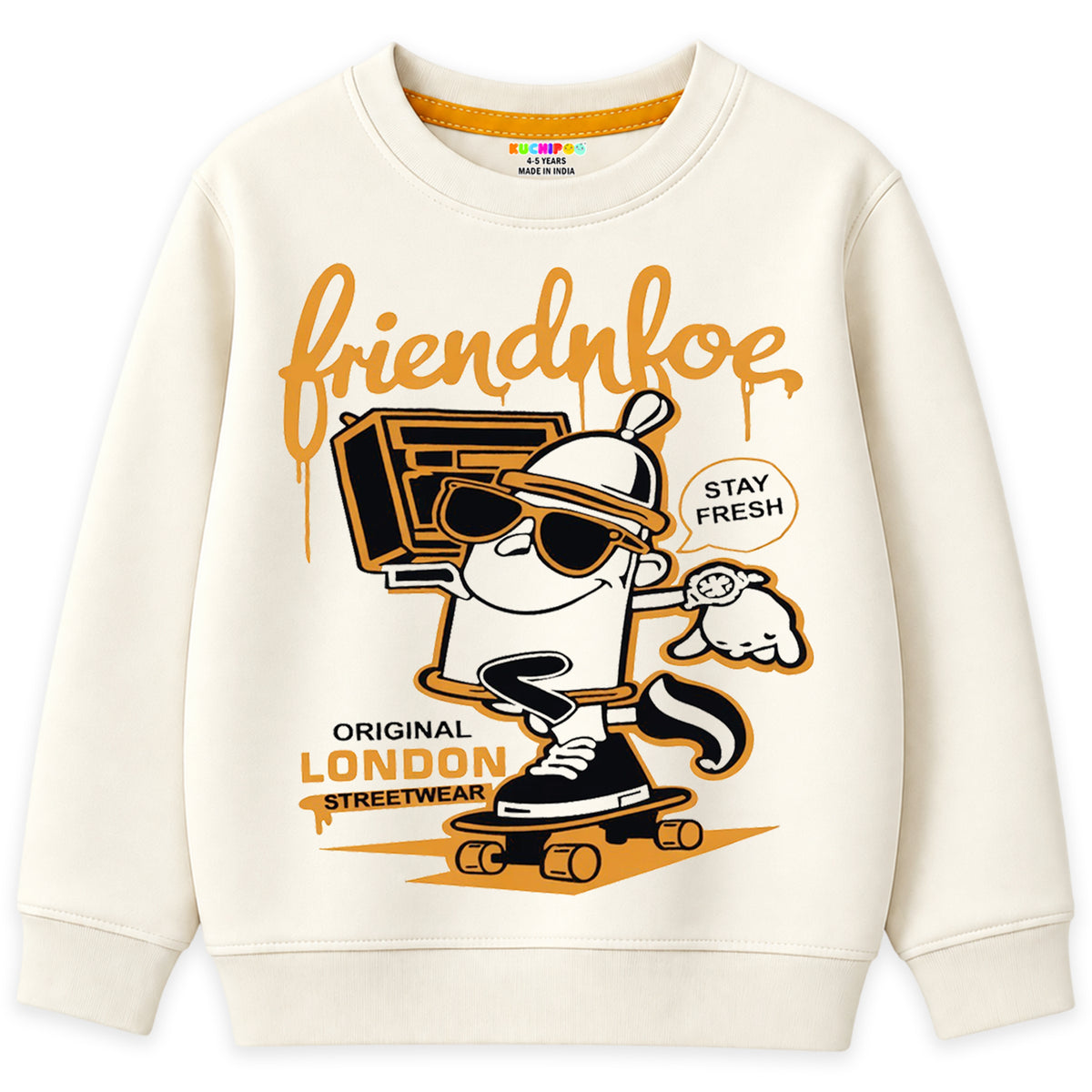 Kuchipoo Boys Graphic Printed Full Sleeve Round Neck Sweatshirt | Regular Fit Winterwear