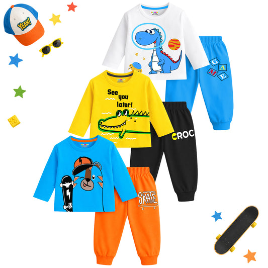 Kuchipoo Boys Regular Fit Cotton T-Shirts and Pyjamas Clothing Set-Pack of 3