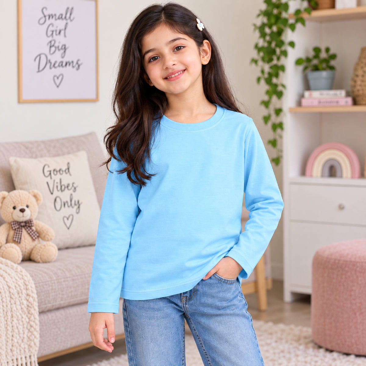 Kuchipoo Girls Cotton Solid T-Shirts | Full Sleeve Round Neck | Soft & Comfortable Casual Wear for Kids | Pack of 5
