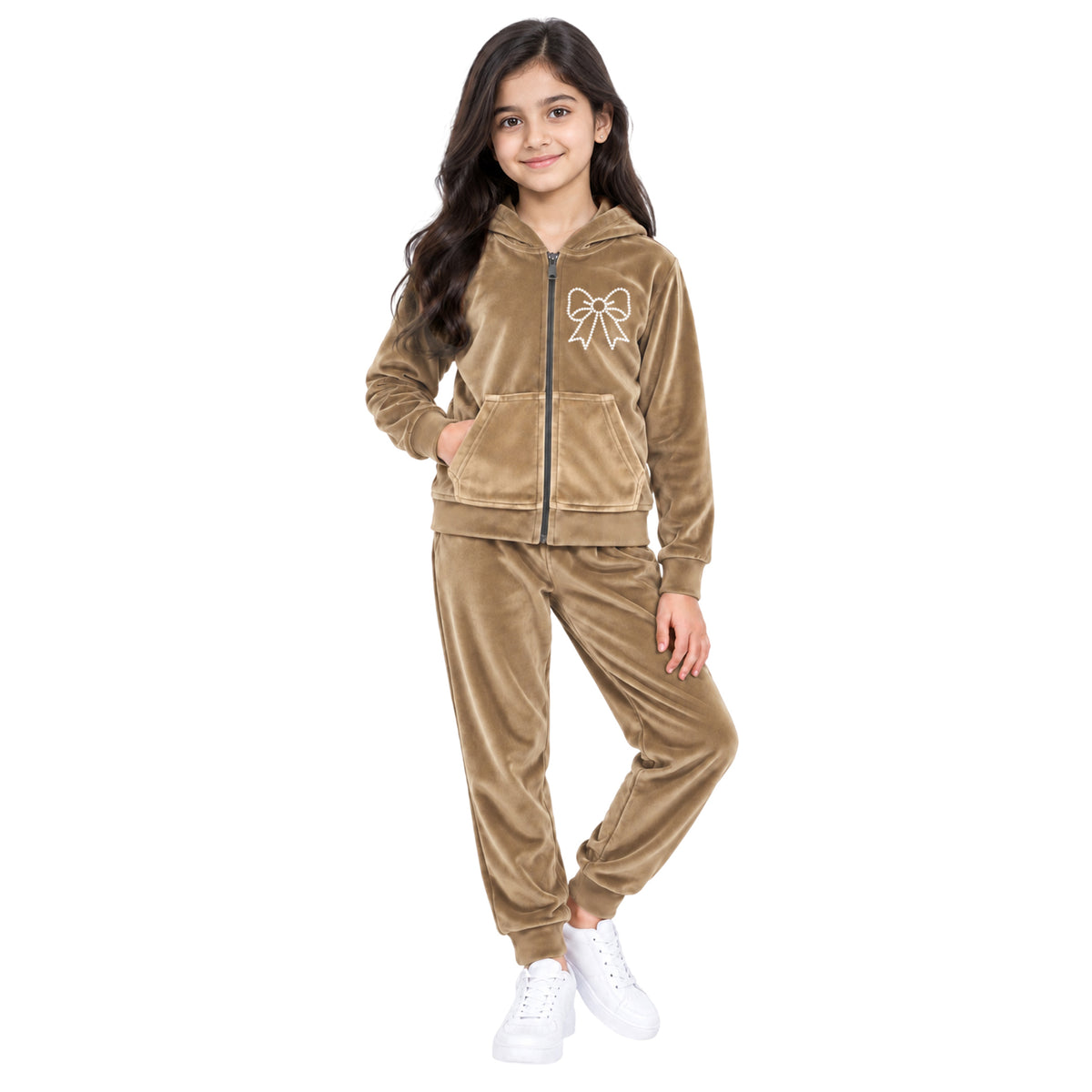 Kuchipoo Girls Velvet Zipper Hooded Sweatshirt & Jogger Set | Soft Velour Zip-Up Hoodie with Kangaroo Pockets & Pajama | Warm Full Sleeve Winterwear