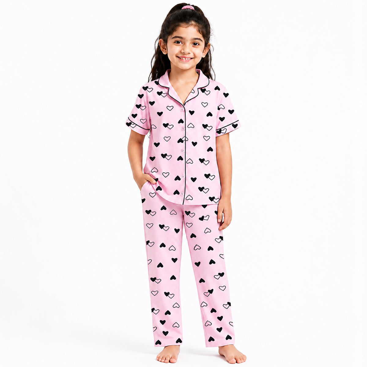 Kuchipoo Girls 100% Cotton Night Suit Set | Soft & Breathable Printed Pyjama Set | Half Sleeve Button Down Sleepwear for Girls