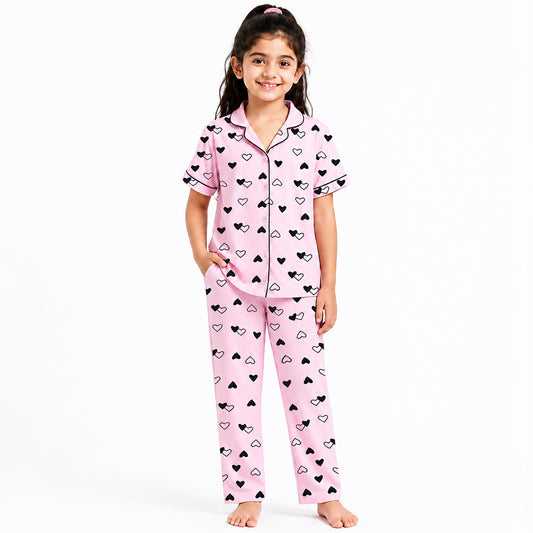 Kuchipoo Girls 100% Cotton Night Suit Set | Soft & Breathable Printed Pyjama Set | Half Sleeve Button Down Sleepwear for Girls