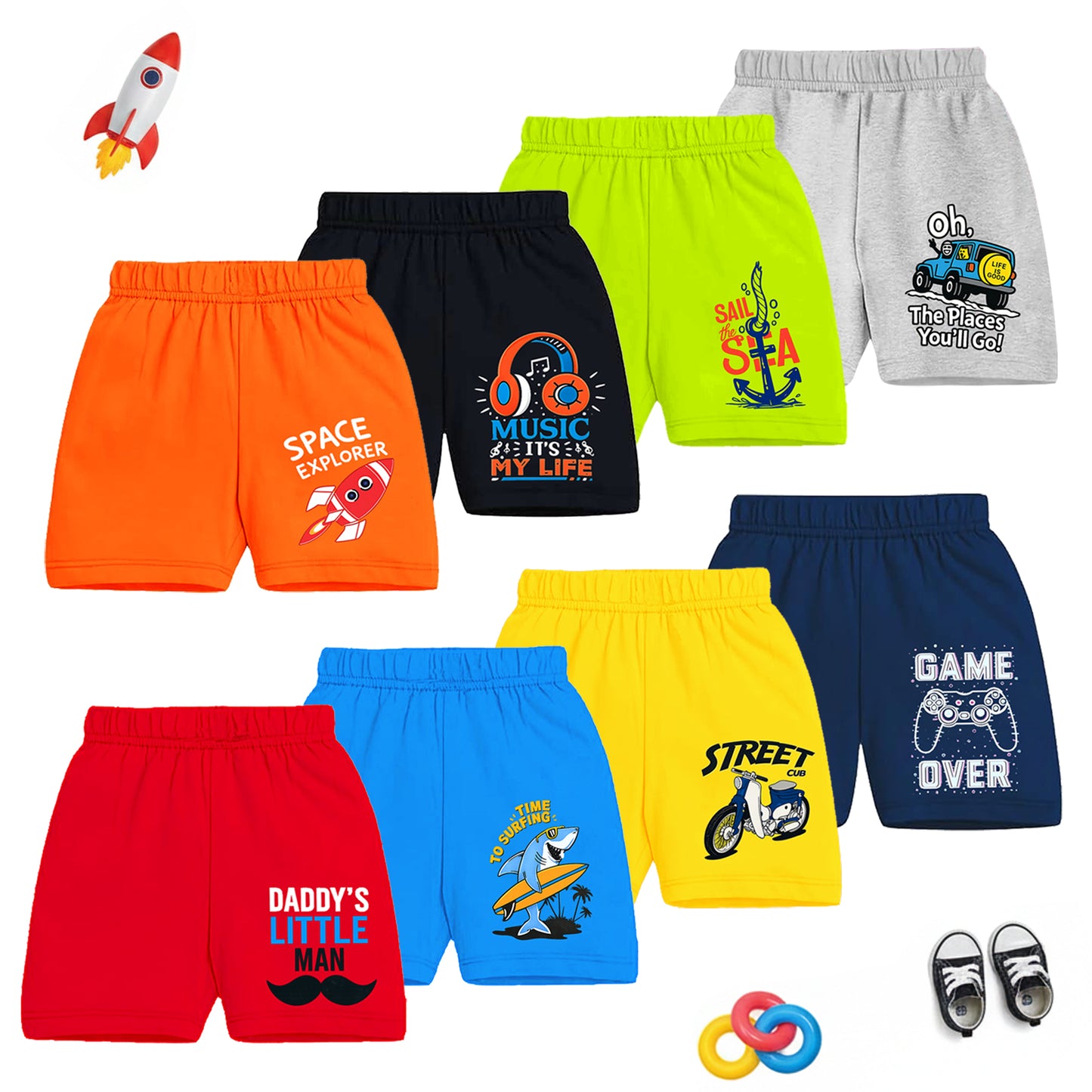 Kuchipoo Boys Cotton Printed Shorts Combo | Elastic Waist Soft Shorts for Casual Wear, Playtime & Sleeping | Multicolor Prints - Pack of 8