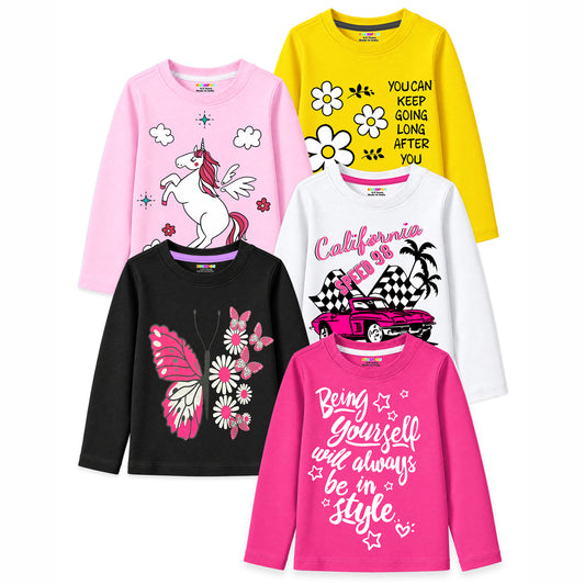 Kuchipoo Girls Cotton Printed T-Shirts | Full Sleeve Round Neck | Soft & Comfortable Casual Wear for Kids | Pack of 5