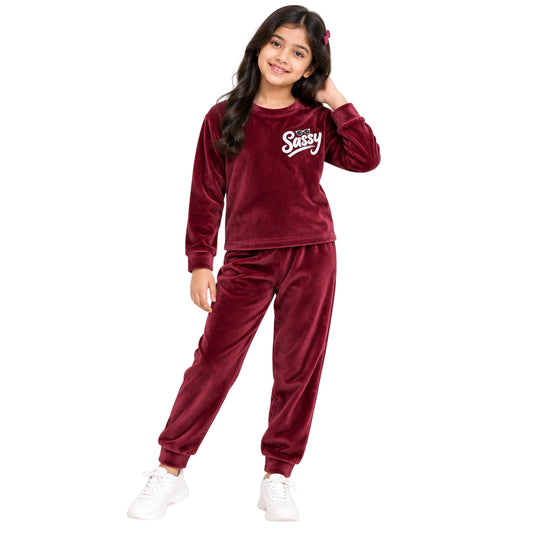 Kuchipoo Girls Velvet Top & Pajama Set | Soft Velour Round Neck Full Sleeve Top & Pajama | Warm Winterwear