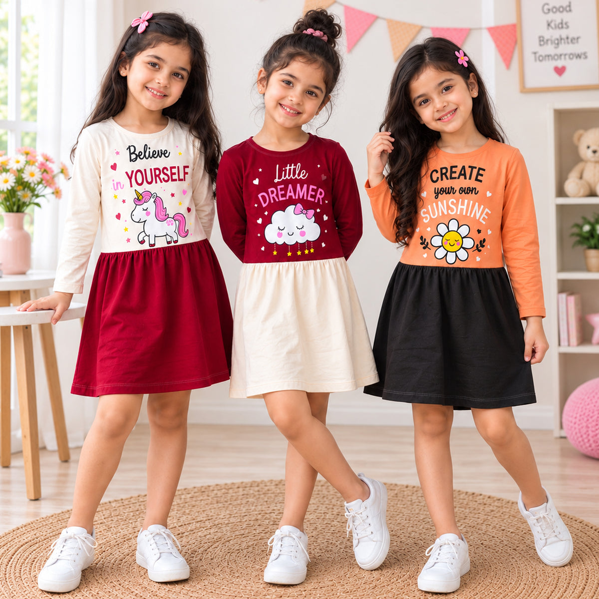Kuchipoo Girls Cotton Printed Dresses Pack of 3 | Full Sleeve Round Neck Casual Frocks | Soft & Comfortable Everyday Wear for Kids