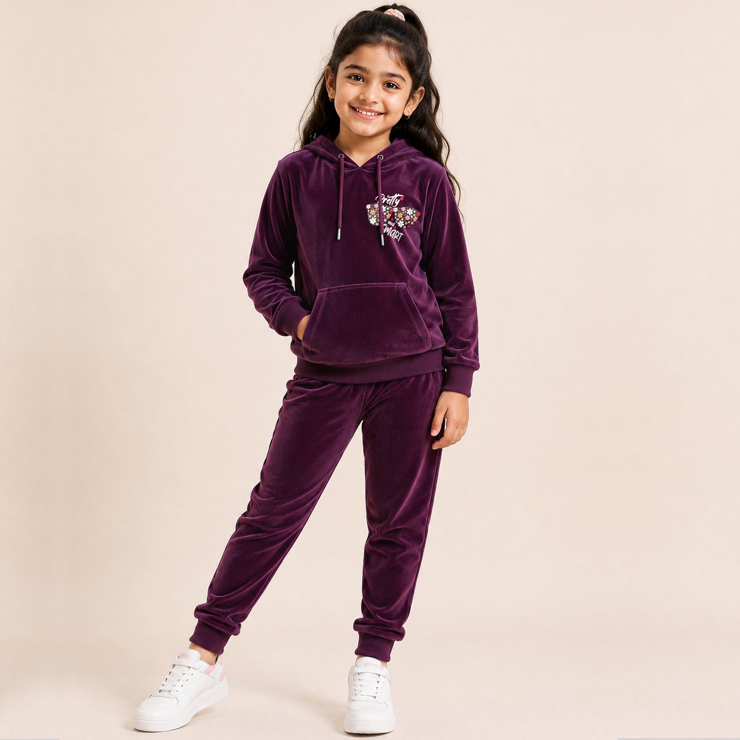 Kuchipoo Girls Velvet Hooded Top with Front Pocket and Pajama Set| Full Sleeve Winter Set | Warm & Soft Winterwear for Girls