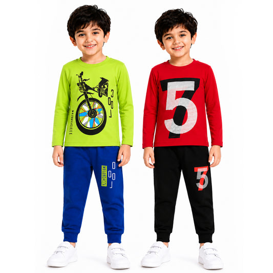 Kuchipoo Boys Full Sleeves T-Shirt and Pajamas Set-Pack 0f 2