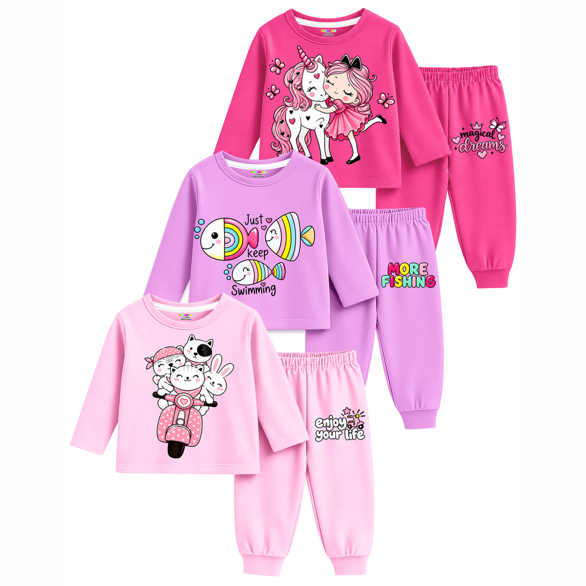 Kuchipoo Girls Regular Fit Cotton T-Shirts and Pyjamas Clothing Set-Pack of 3