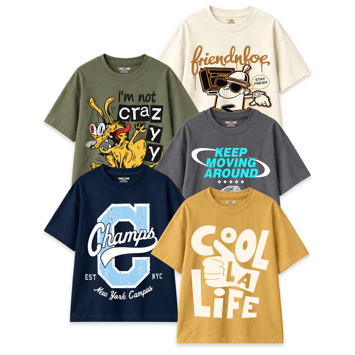 Kuchipoo Boys Cotton Printed T-Shirts | Half Sleeve Round Neck | Soft & Comfortable Casual Wear for Kids | Pack of 5