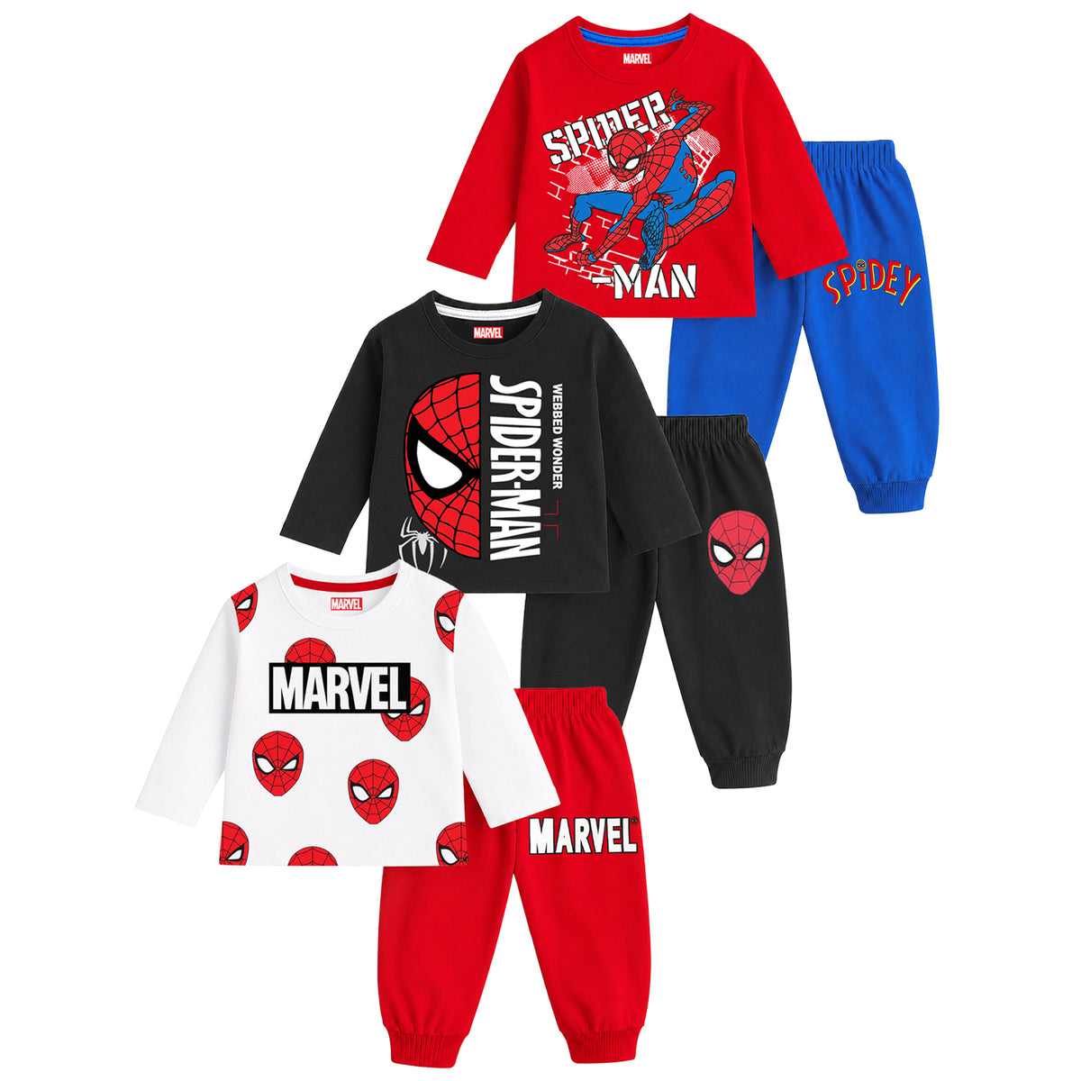 Kuchipoo © Marvel Boys Spiderman Printed Cotton T-Shirt & Pyjama Set | Full Sleeve Casual Wear | Pack of 3 Sets