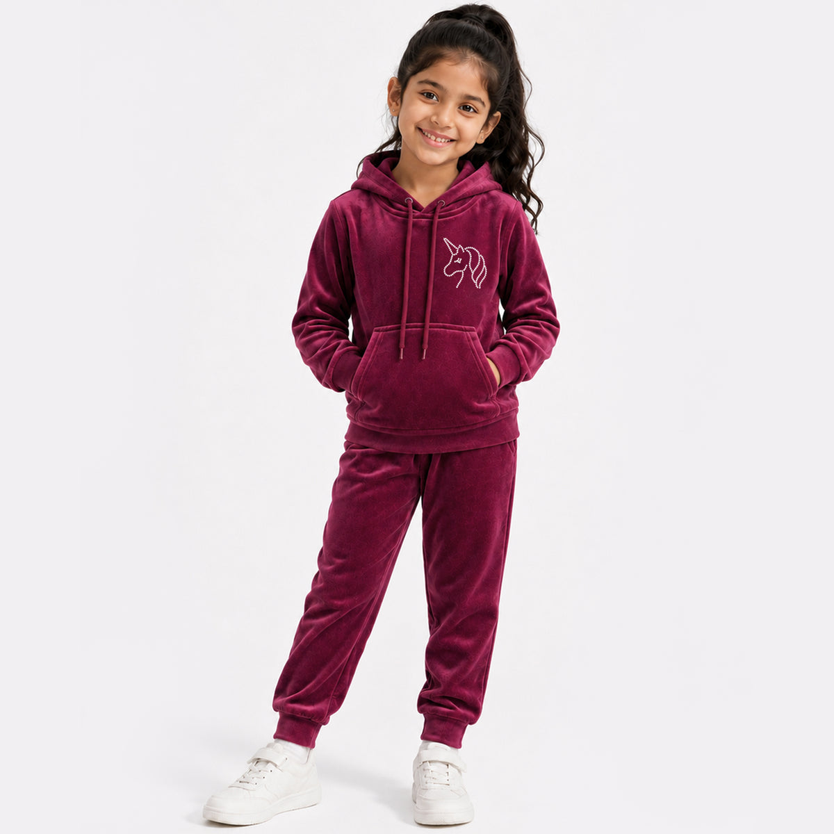 Kuchipoo Girls Velvet Night Suit Set with Hood and Front Pocket | Full Sleeve Winter Pajama Set | Warm & Soft Winterwear for Girls