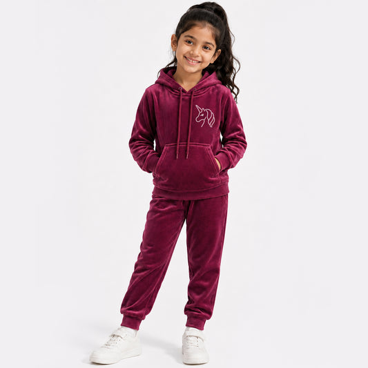 Kuchipoo Girls Velvet Night Suit Set with Hood and Front Pocket | Full Sleeve Winter Pajama Set | Warm & Soft Winterwear for Girls