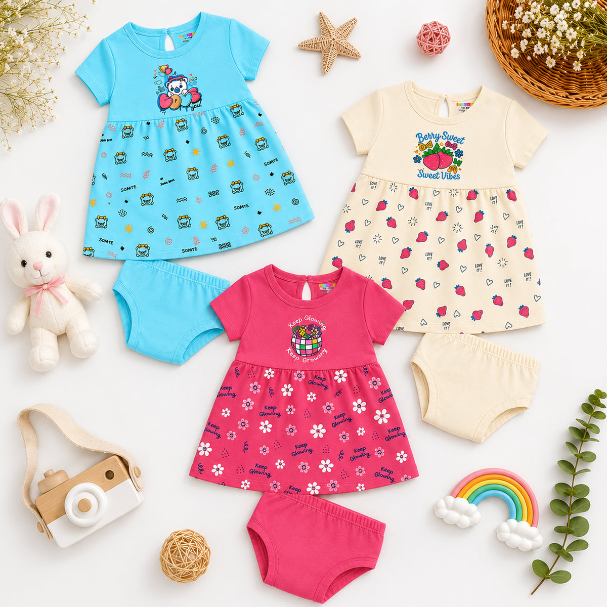 Kuchipoo Baby Girls 100% Cotton Frock and Panty Set - Pack of 3
