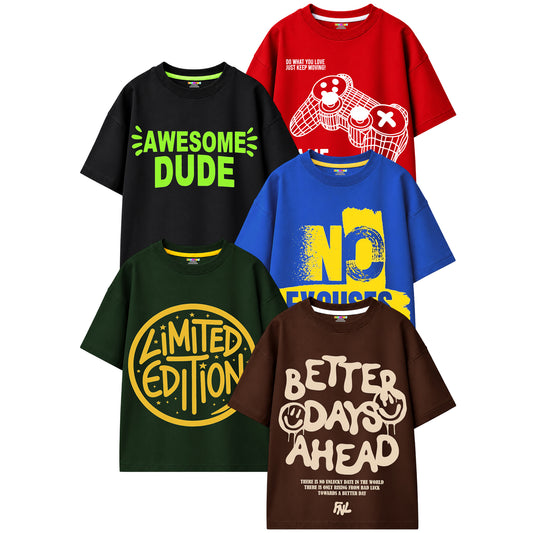 Kuchipoo Boys Cotton Printed T-Shirts | Half Sleeve Round Neck | Soft & Comfortable Casual Wear for Kids | Pack of 5