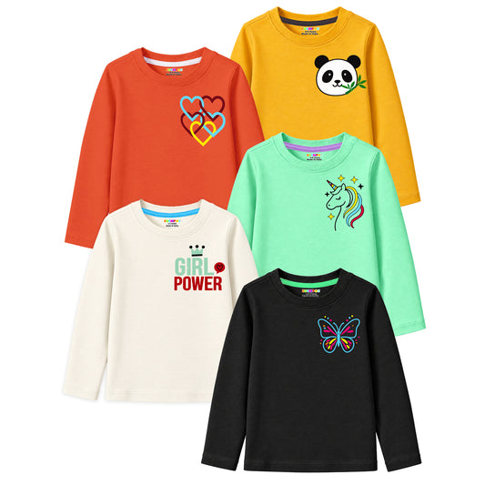 Kuchipoo Girls Cotton Printed T-Shirts | Full Sleeve Round Neck | Soft & Comfortable Casual Wear for Kids | Pack of 5