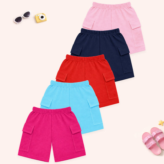 Kuchipoo Girls Cotton Cargo Shorts | Elastic Waistband | Double Pocket Shorts | Summer Casual Wear for Kids- Pack of 5