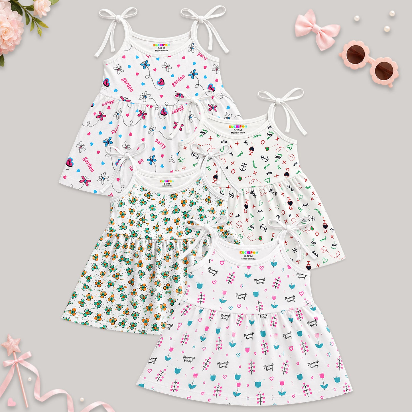 Kuchipoo Baby Girls 100% Cotton Frocks - Pack of 4