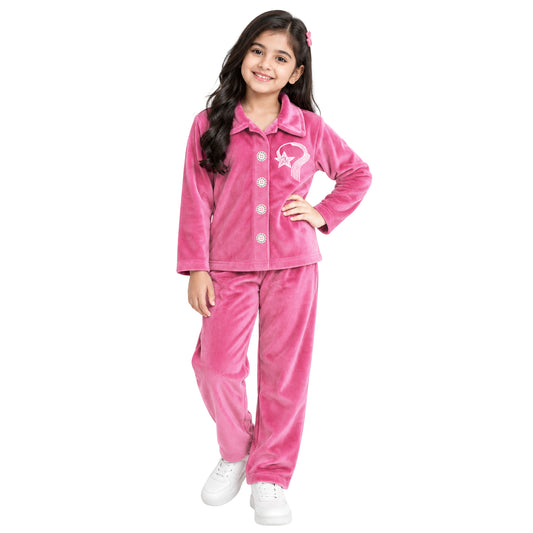 Kuchipoo Girls Velvet Co-Ord Set | Full Sleeve Button Style Round Neck Top with Matching Track Pants | Soft & Comfortable Winter Outfit Set for Kids