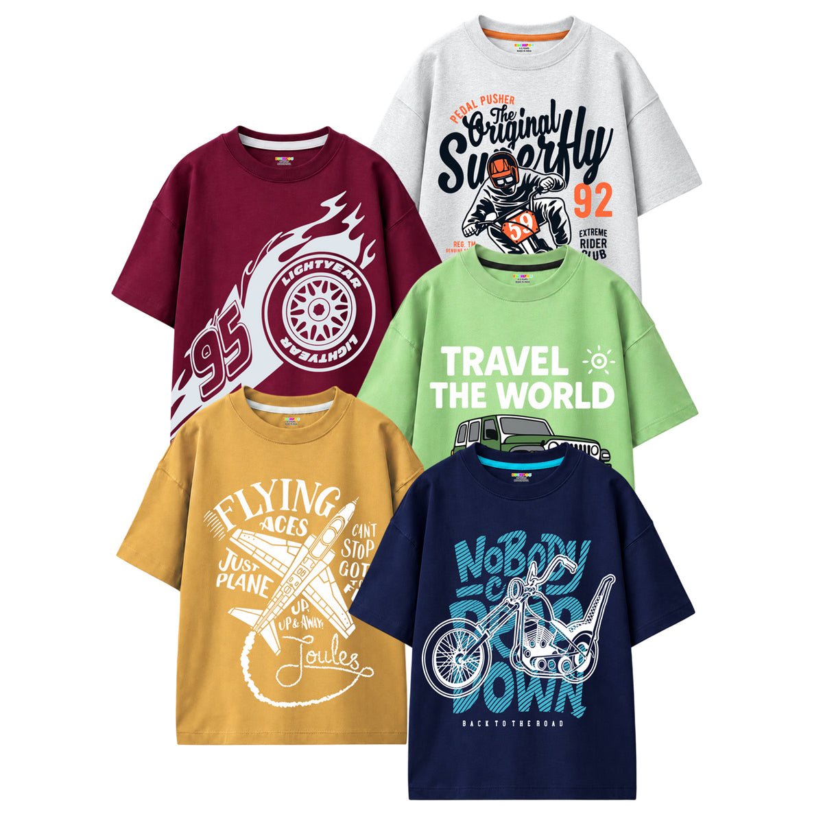 Kuchipoo Boys Cotton Printed T-Shirts | Half Sleeve Round Neck | Soft & Comfortable Casual Wear for Kids | Pack of 5