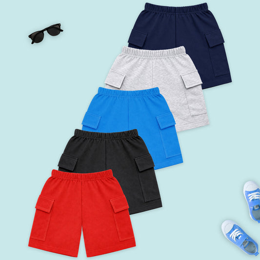 Kuchipoo Boys Cotton Cargo Shorts | Elastic Waistband | Double Pocket Shorts | Summer Casual Wear for Kids- Pack of 5