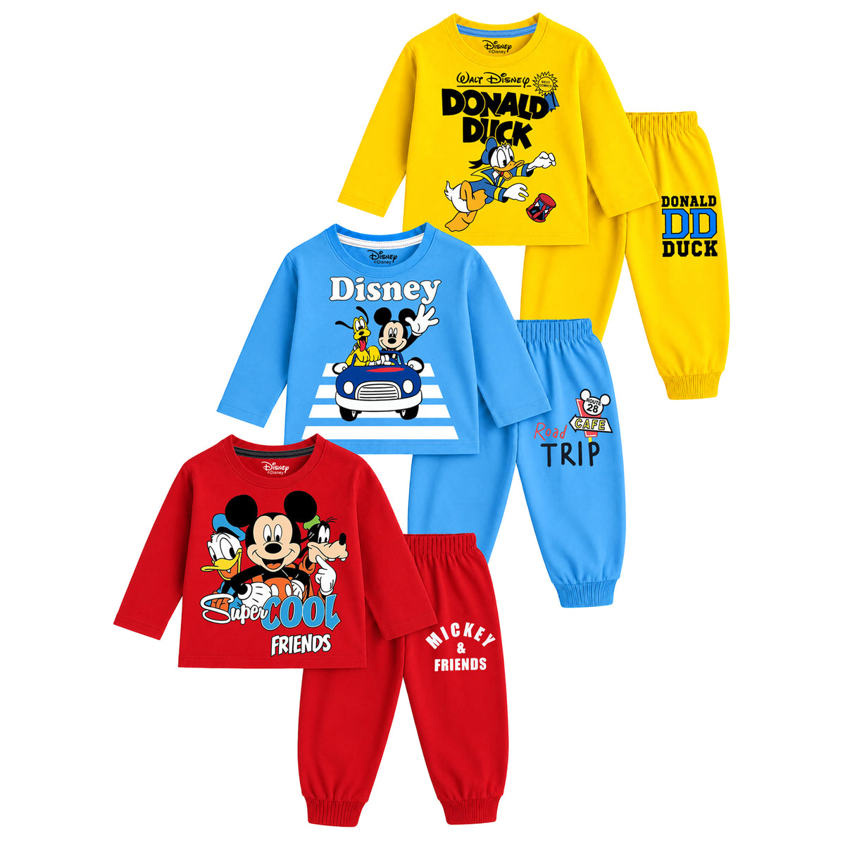 Kuchipoo © Disney Boys Mickey Mouse Printed Cotton T-Shirt & Pyjama Set | Full Sleeve Casual Wear | Pack of 3 Sets