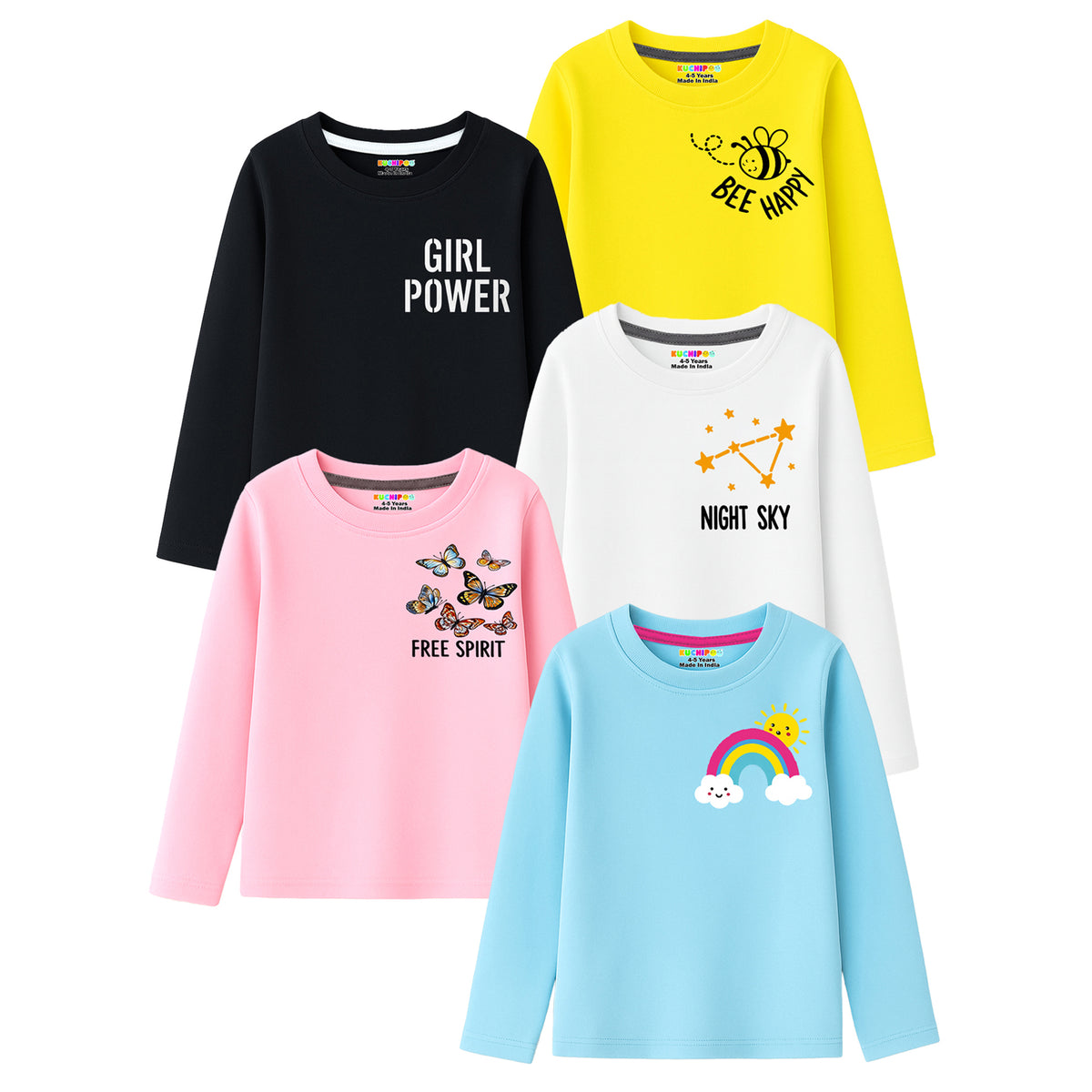 Kuchipoo Girls Cotton Printed T-Shirts | Full Sleeve Round Neck | Soft & Comfortable Casual Wear for Kids | Pack of 5