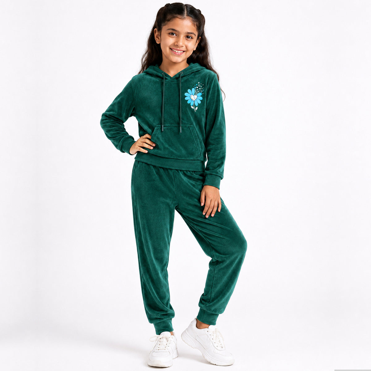 Kuchipoo Girls Velvet Hooded Sweatshirt & Jogger Set | Soft Velour Hoodie with Kangaroo Pocket & Pajama | Warm Full Sleeve Winterwear