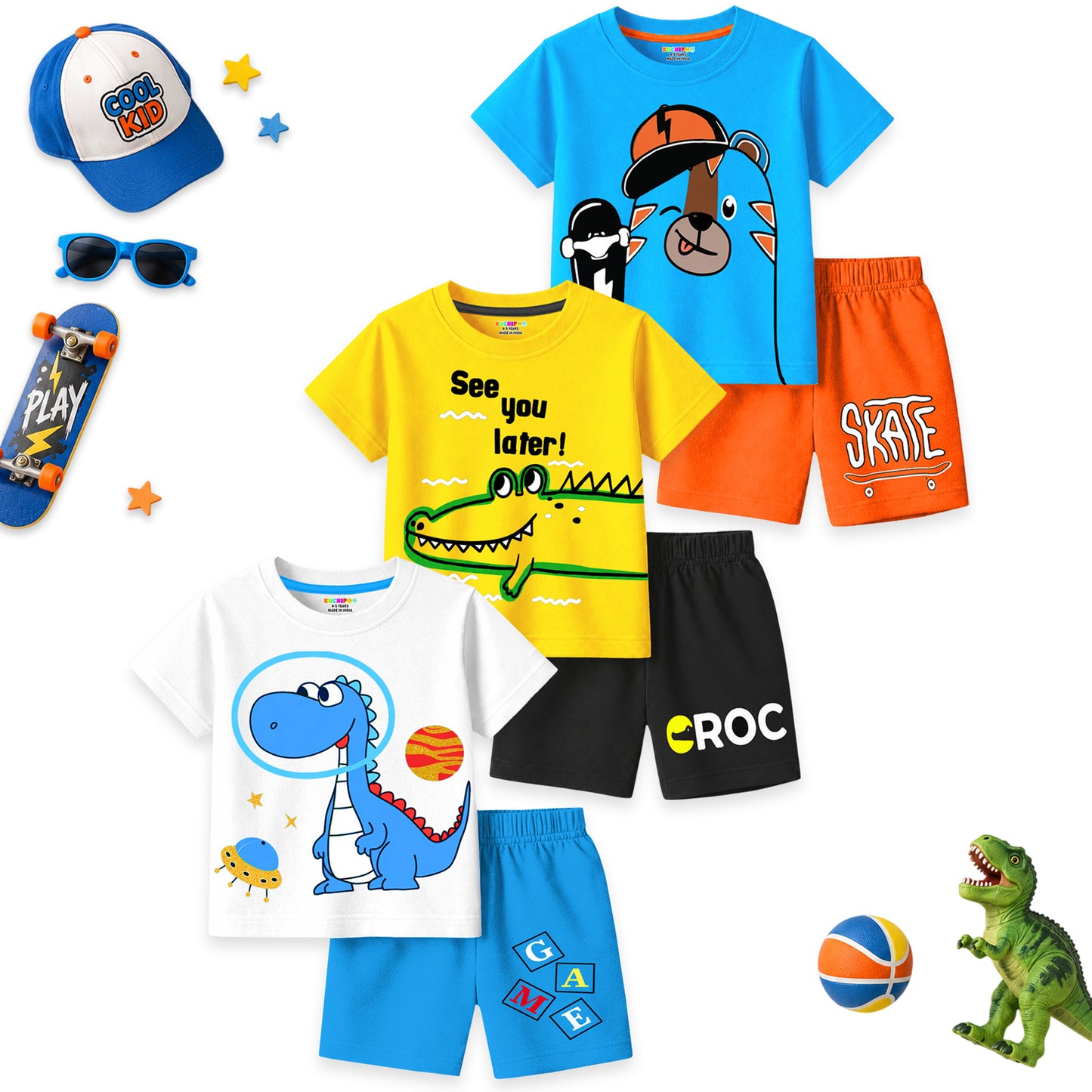 Kuchipoo Boys Cotton T-Shirt & Shorts | Printed Summer Wear Set | Soft & Comfortable Kids Clothing | Pack of 3