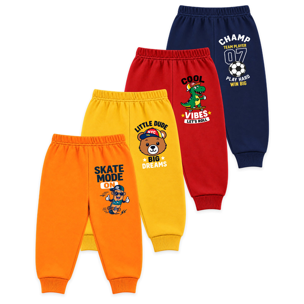 Kuchipoo Boys Printed Fleece Joggers Track Pants with Elastic Waistband & Ribbed Cuffs | Soft & Comfortable Winter Wear | Pack of 4