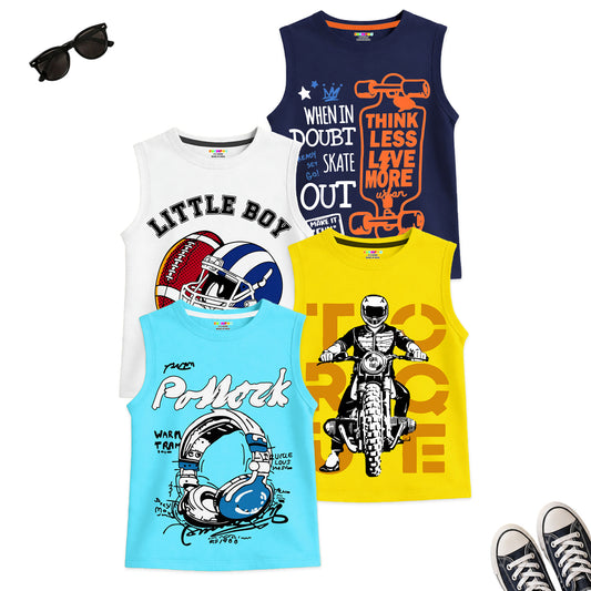 Kuchipoo Boys Sleeveless Cotton Tshirts | Printed Round Neck Kids Tshirts for Summer Wear | Pack of 4