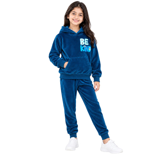 Kuchipoo Girls Velvet Hooded Sweatshirt & Jogger Set | Soft Velour Hoodie with Kangaroo Pocket & Pajama | Warm Full Sleeve Winterwear