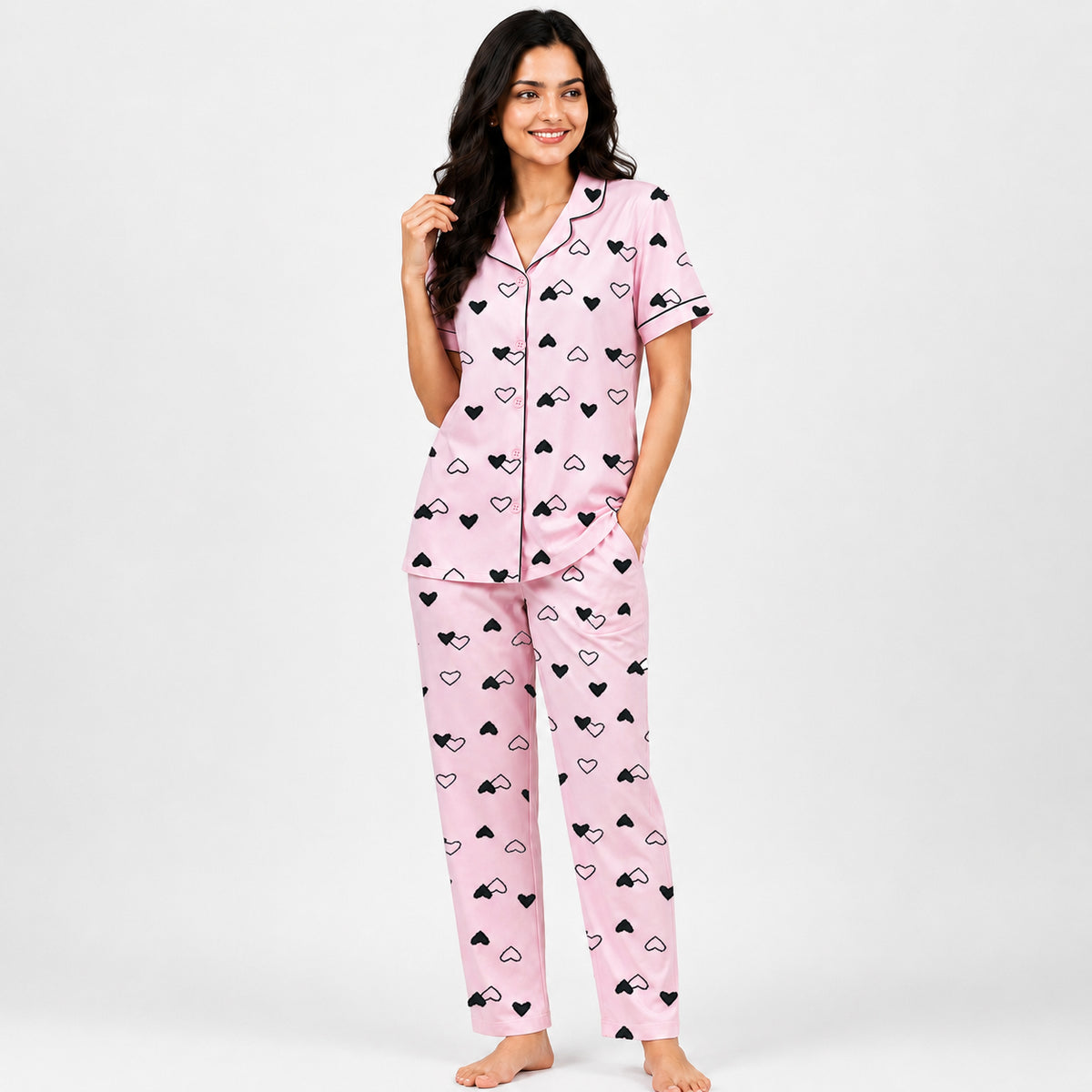 Kuchipoo Women’s 100% Cotton Nightwear Pajama Set | Printed Half Sleeve Button-Down Top & Full Length Pyjama | Soft Comfortable Sleepwear (Copy) (Copy)