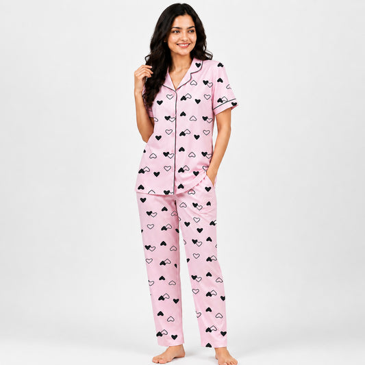 Kuchipoo Women’s 100% Cotton Nightwear Pajama Set | Printed Half Sleeve Button-Down Top & Full Length Pyjama | Soft Comfortable Sleepwear (Copy) (Copy)
