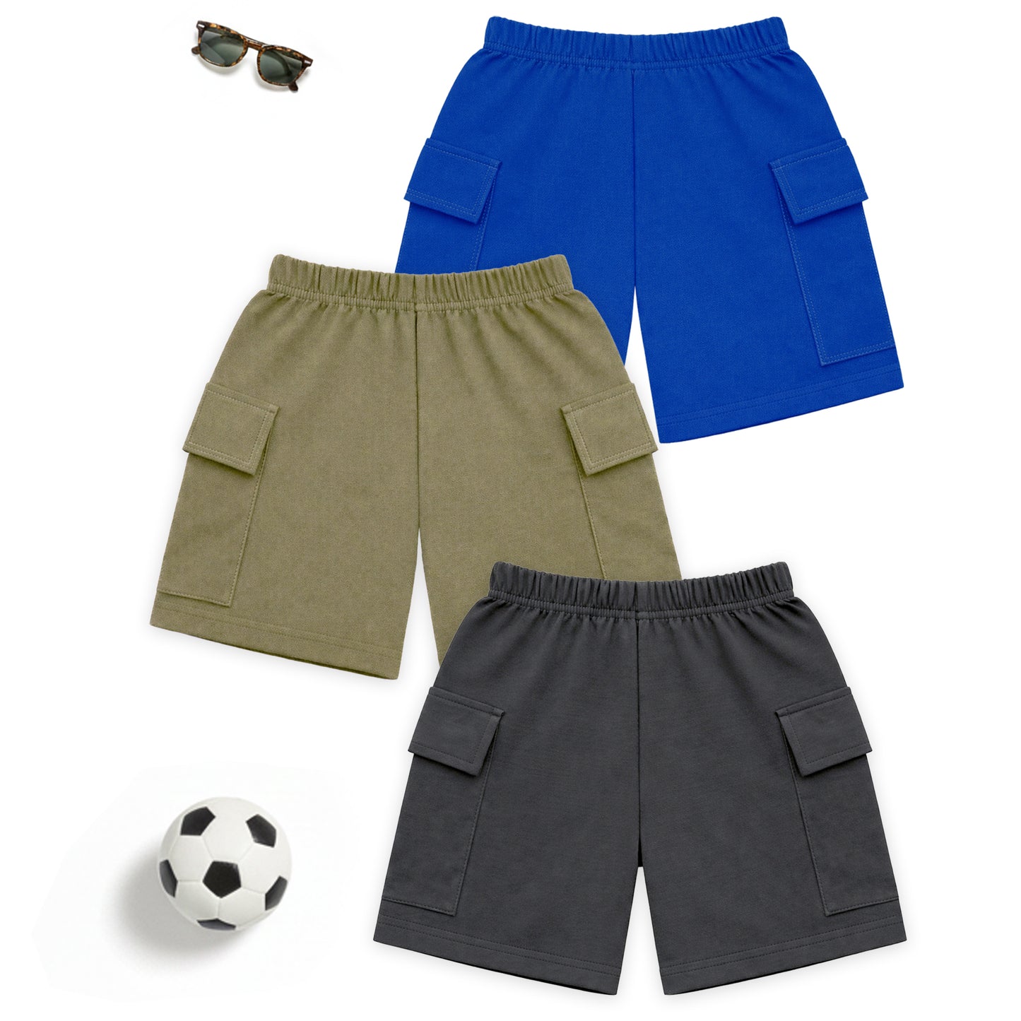 Kuchipoo Boys Cotton Cargo Shorts | Elastic Waistband | Double Pocket Shorts | Summer Casual Wear for Kids | Pack of 3