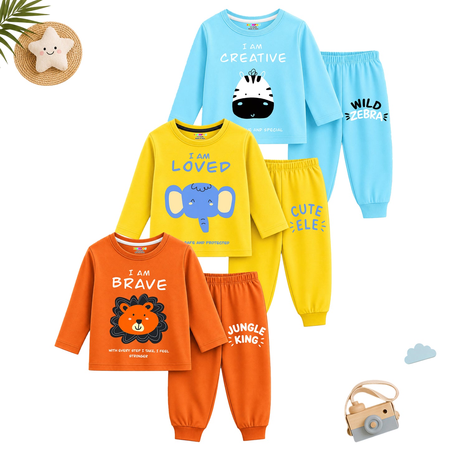 Kuchipoo Boys Regular Fit Cotton T-Shirts and Pyjamas Clothing Set-Pack of 3