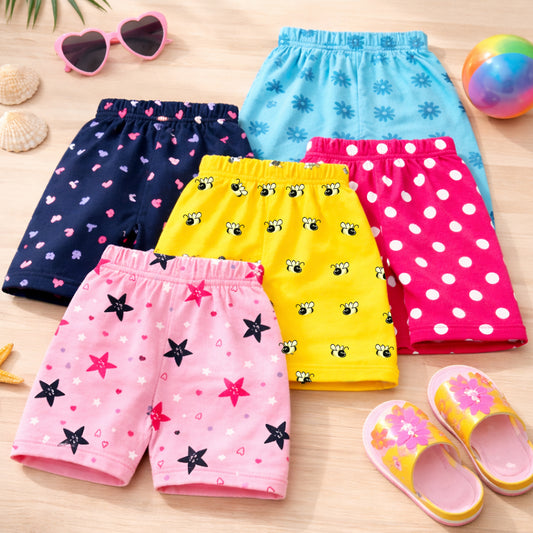 Kuchipoo Girls Cotton Printed Shorts | Elastic Waist | Summer Wear Shorts for Kids - Pack of 5