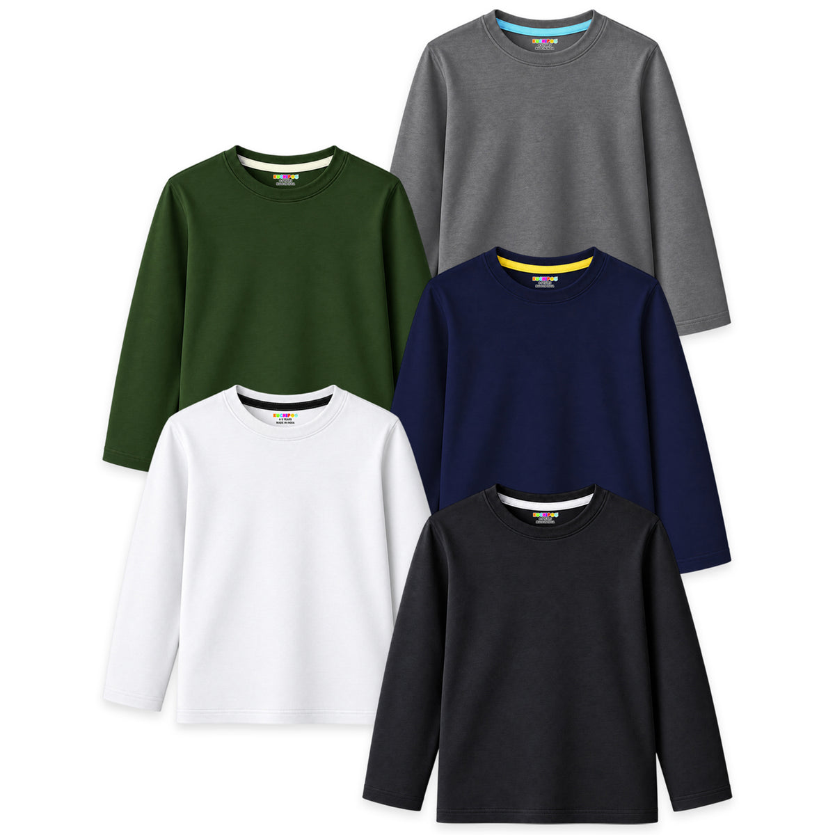 Kuchipoo Boys Cotton Solid T-Shirts | Full Sleeve Round Neck | Soft & Comfortable Casual Wear for Kids | Pack of 5
