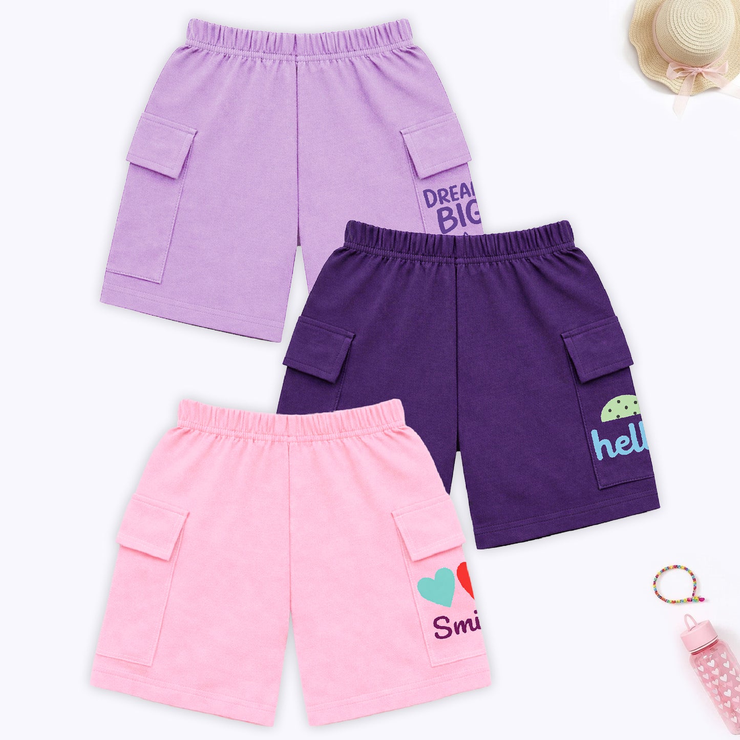 Kuchipoo Girls Cotton Cargo Shorts | Elastic Waistband | Double Pocket Shorts | Summer Casual Wear for Kids | Pack of 3