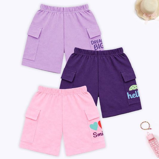 Kuchipoo Girls Cotton Cargo Shorts | Elastic Waistband | Double Pocket Shorts | Summer Casual Wear for Kids | Pack of 3