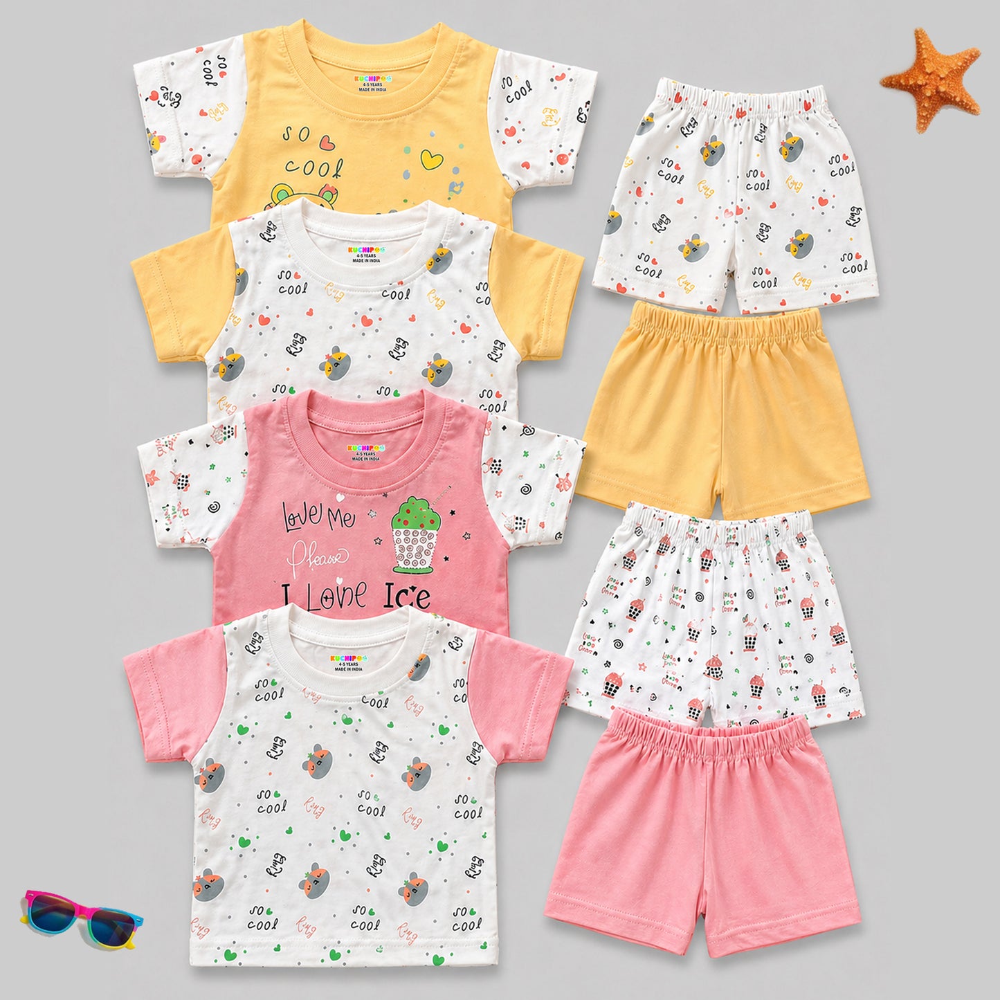 Kuchipoo Girls 100% Cotton T-Shirt & Shorts Set | Printed Summer Wear Set | Soft & Comfortable Kids Clothing | Pack of 4