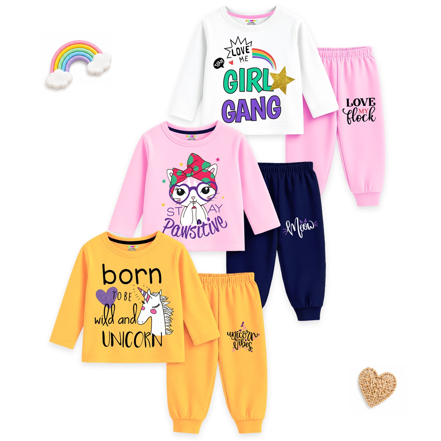 Kuchipoo Girls Regular Fit Cotton T-Shirts and Pyjamas Clothing Set-Pack of 3