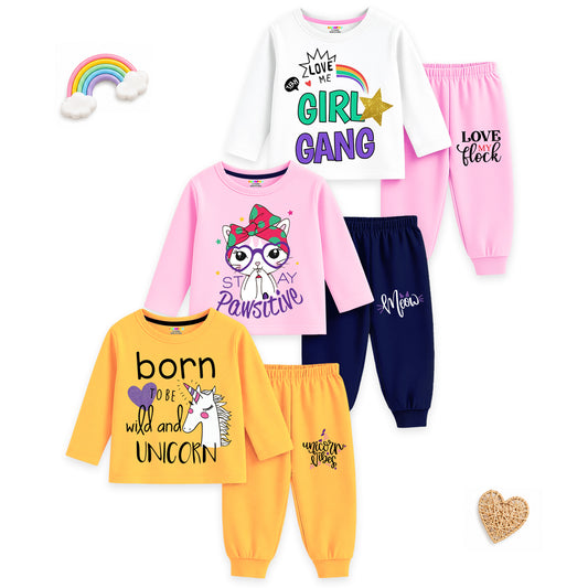 Kuchipoo Girls Regular Fit Cotton T-Shirts and Pyjamas Clothing Set-Pack of 3