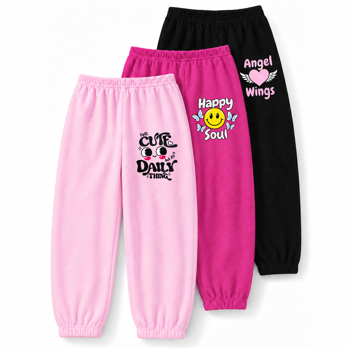 Kuchipoo Girls Cotton Jogger Pants | Soft Elastic Waist Comfortable Track Pants for Girls | Casual Joggers for Kids | Pack of 3