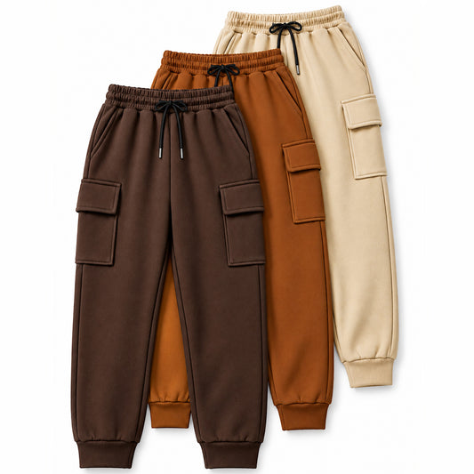Kuchipoo Boys 4 Pocket Cargo Jogger Pants | Regular Fit Track Pants with Utility Pockets | Soft & Comfortable Casual Wear | Pack of 3
