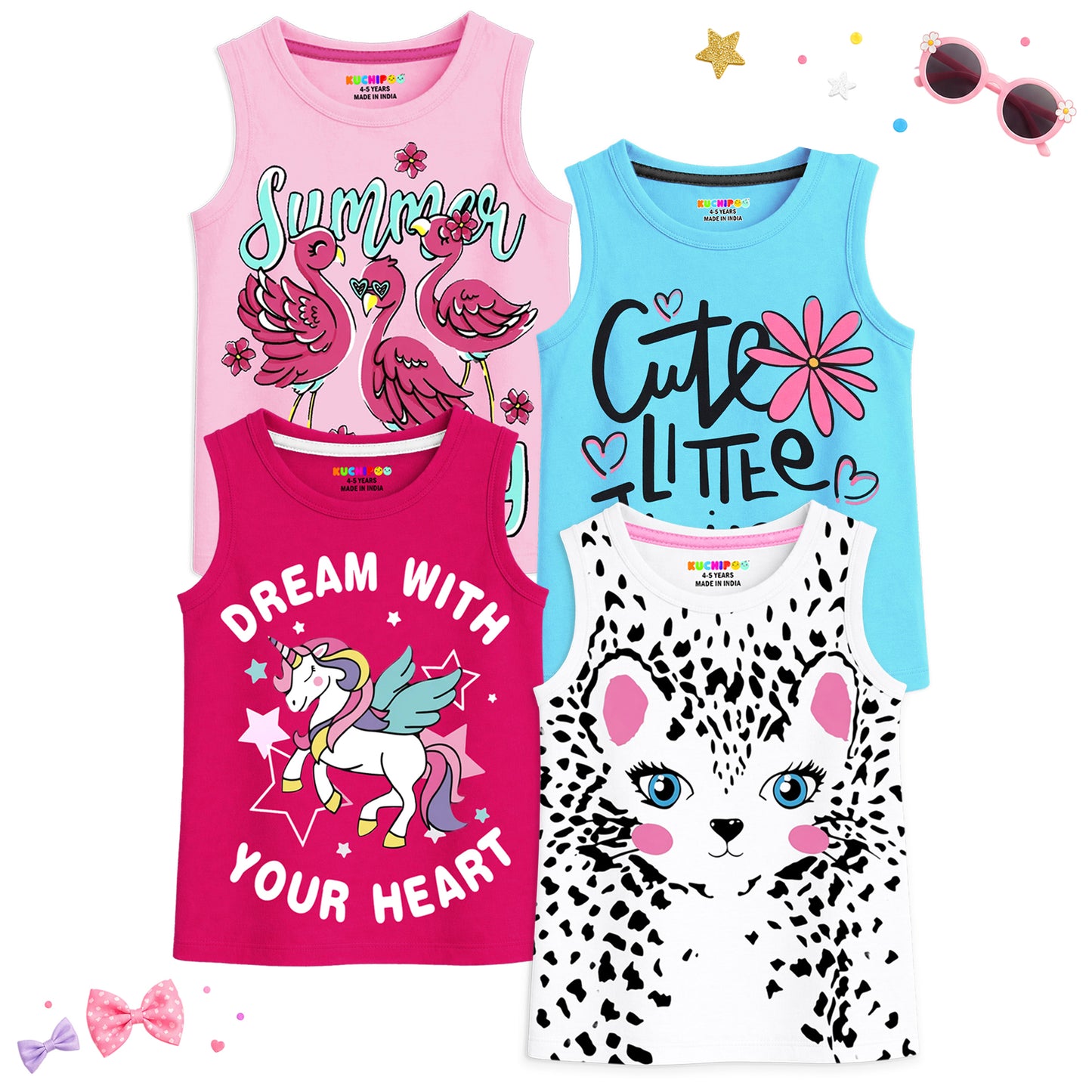 Kuchipoo Girls Sleeveless Cotton Tshirts | Printed Round Neck Kids Tshirts for Summer Wear | Pack of 4